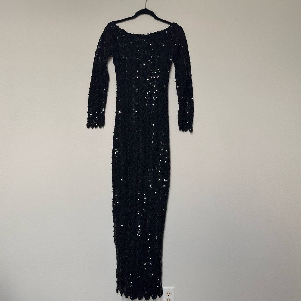 Custom Made Elegant Long Black Sequin Off Shoulder‎ Dress Size 0/XS